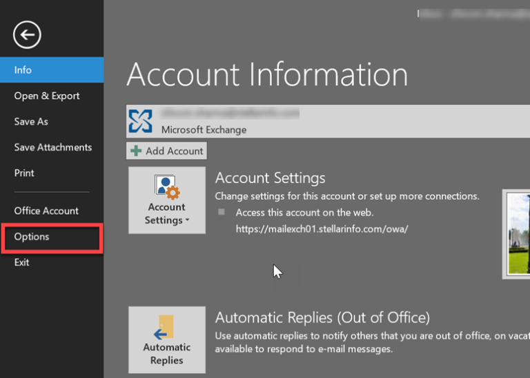 Outlook Options window