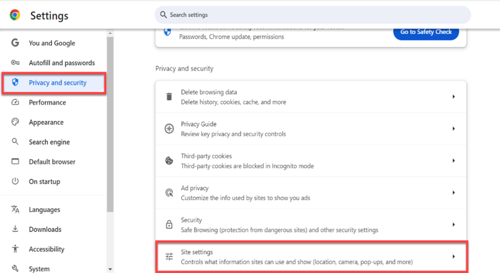 Privacy and security Setting