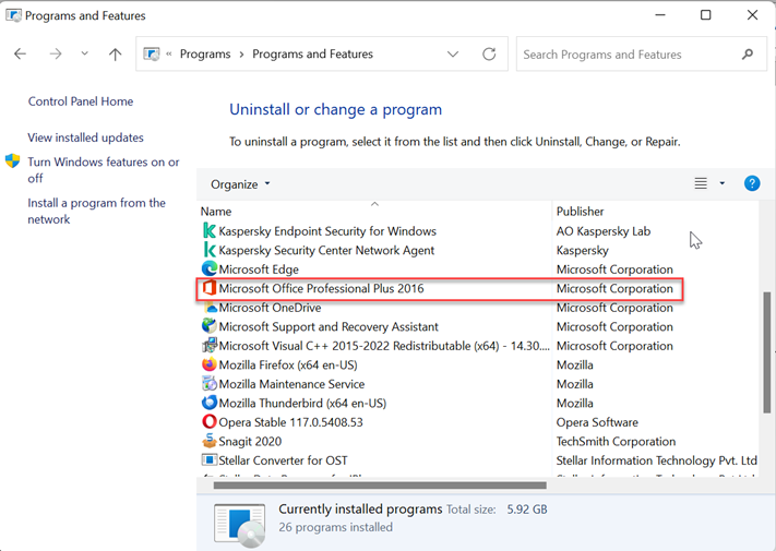 Program and Features in Control Panel