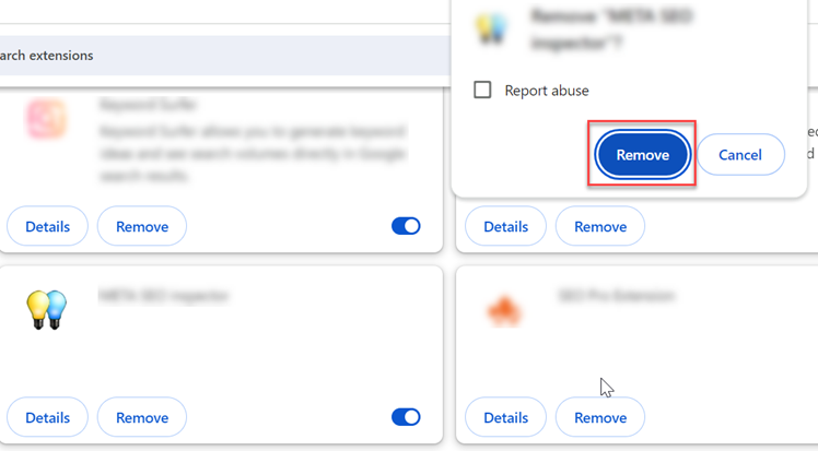 Remove to delete the problematic extension permanently