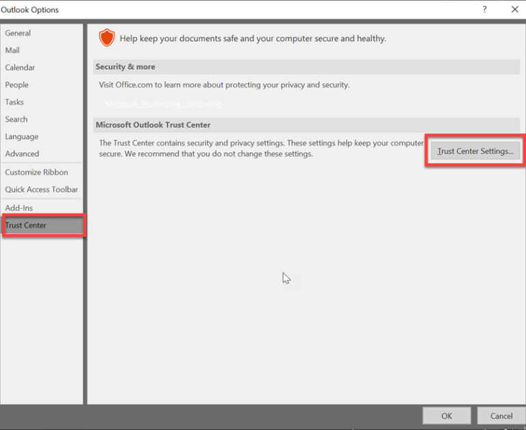 Trust Center Settings