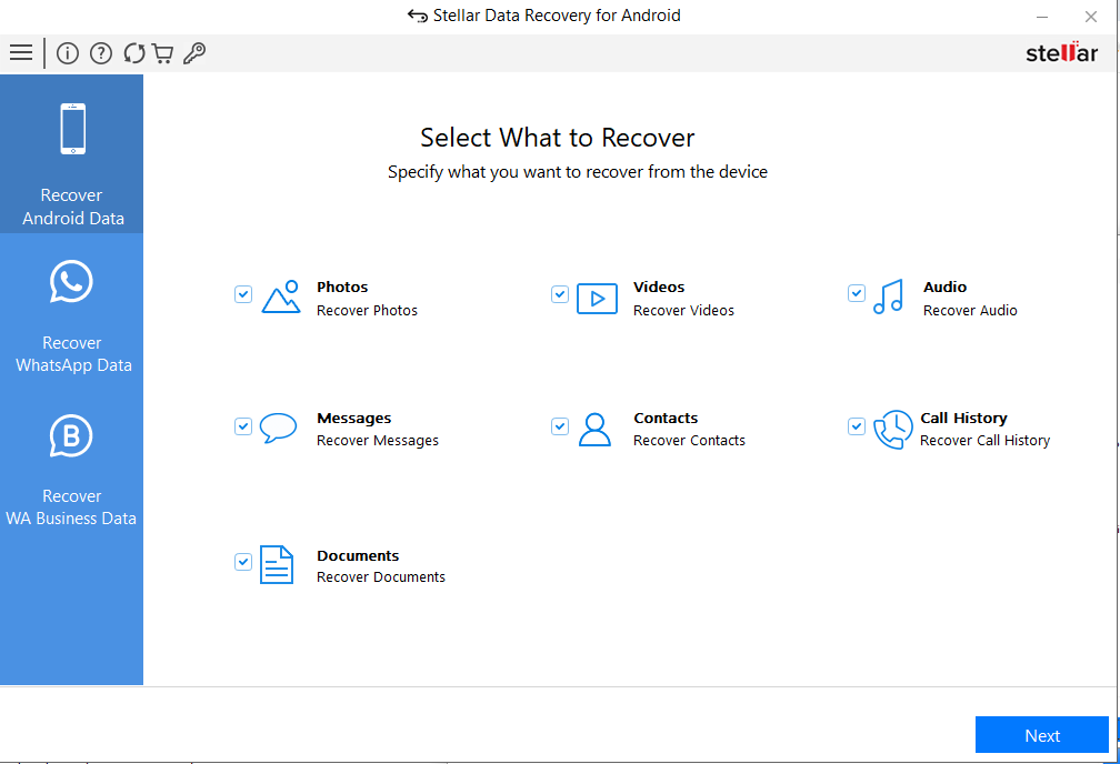 Stellar data recovery for Android select page