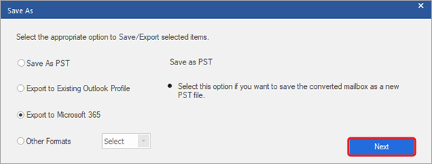 Choose the Export to Microsoft 365 option in the Save As window