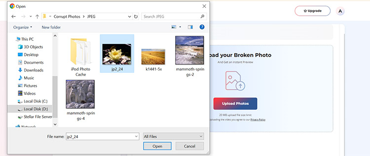 click Open to add old photos to the software for repair
