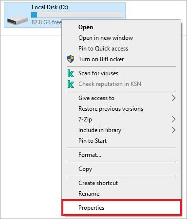 Right-click on the problematic drive  and click Properties