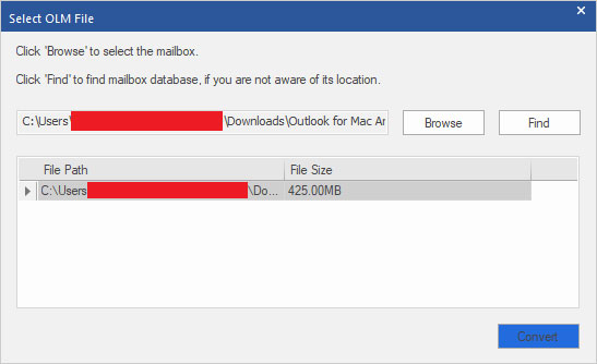 selecting the OLM file to scanning