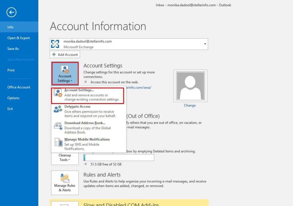 Go to File > Account Settings and then click Account Settings