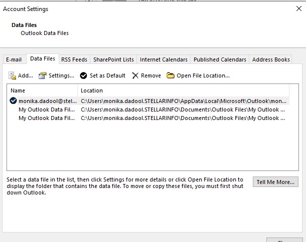 Click Data Files to check all the connected PST files