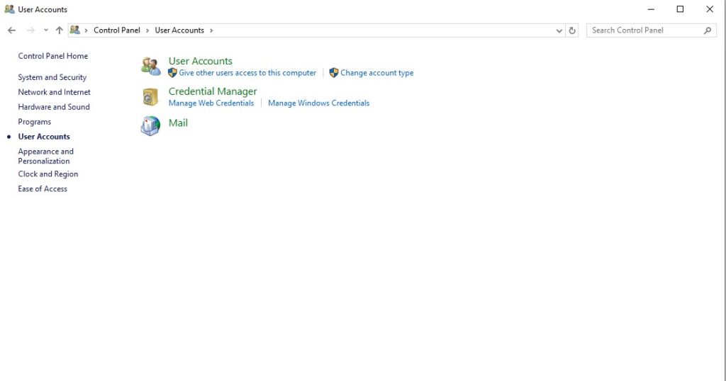 Click User Accounts and then click Mail