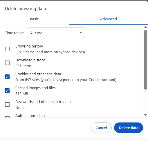 Clear Chrome Cache and Cookies