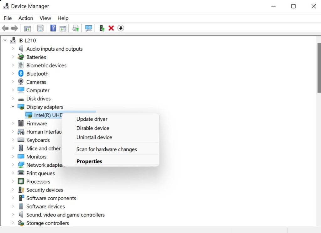 Active graphic adapter and click Update driver