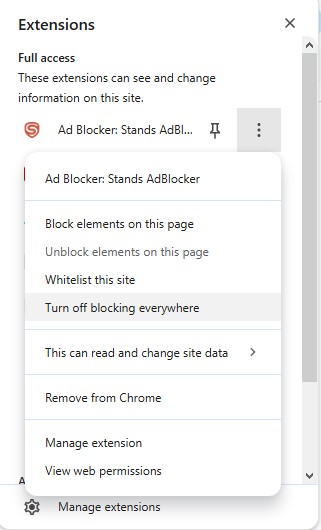 Disable Extensions or Ad Blockers