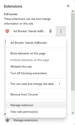 click on Manage extensions