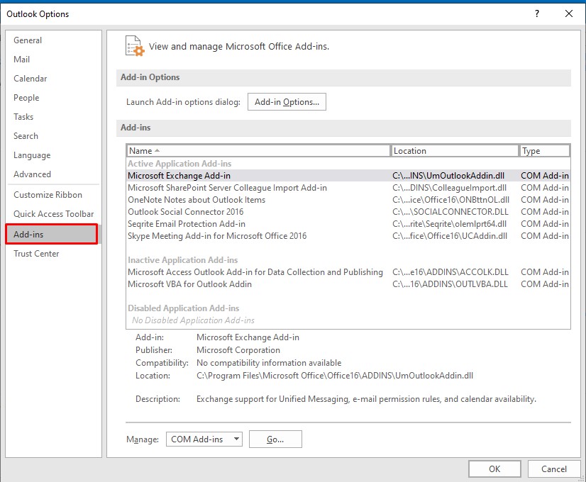 select the Add-ins option