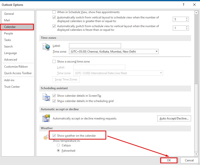 Check and unselect “Show weather on the calendar” option