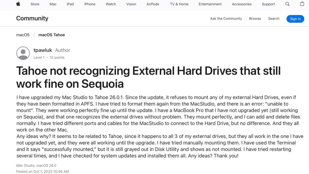 User Query on Unrecognized External Drive on MacOS Tahoe (Source: Apple Community)