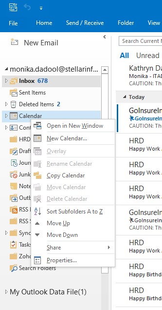 Go to the calendar folder, right-click on it