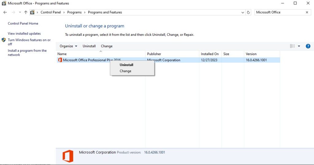 right-click on Microsoft Office and select Change
