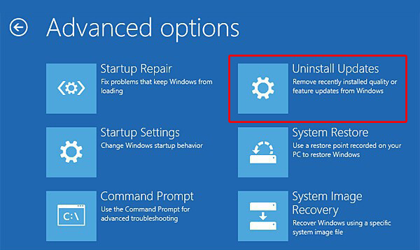 select uninstall updates on advanced options screen