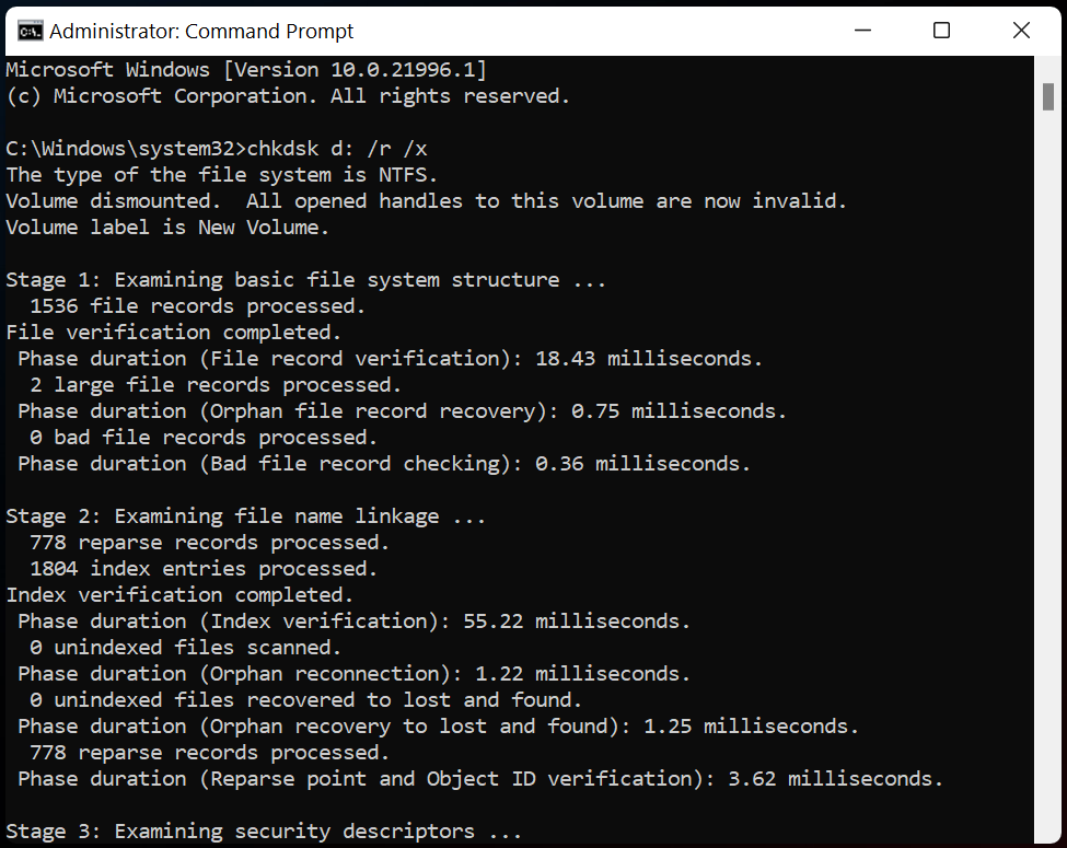 Use this command chkdsk k: /r /x
