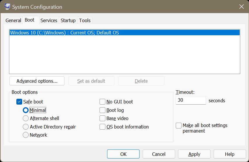 click Safe Boot and select Minimal