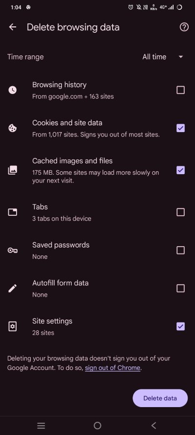 Cached Images and Files, and Cookies and Site Data.