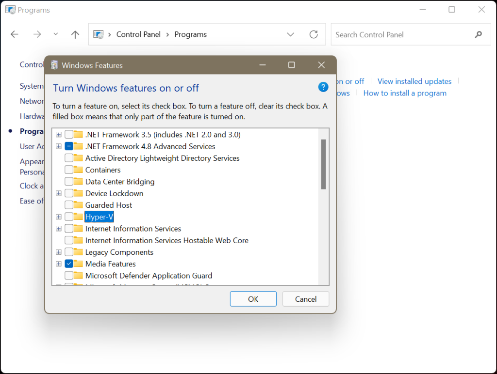 Select Turn Windows features on or off