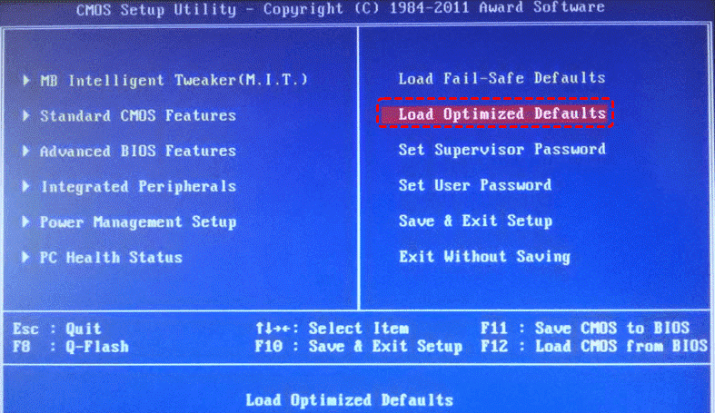 Locate Load Optimized Defaults or Restore Default Settings