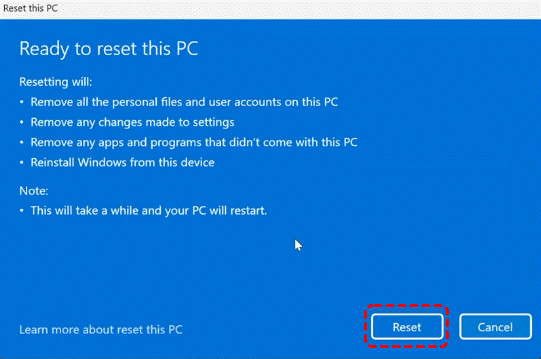 Click Reset to confirm