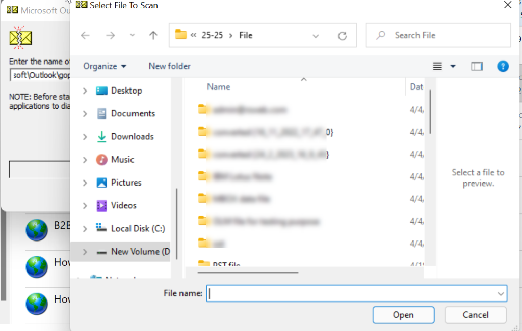 Select file to scan window
