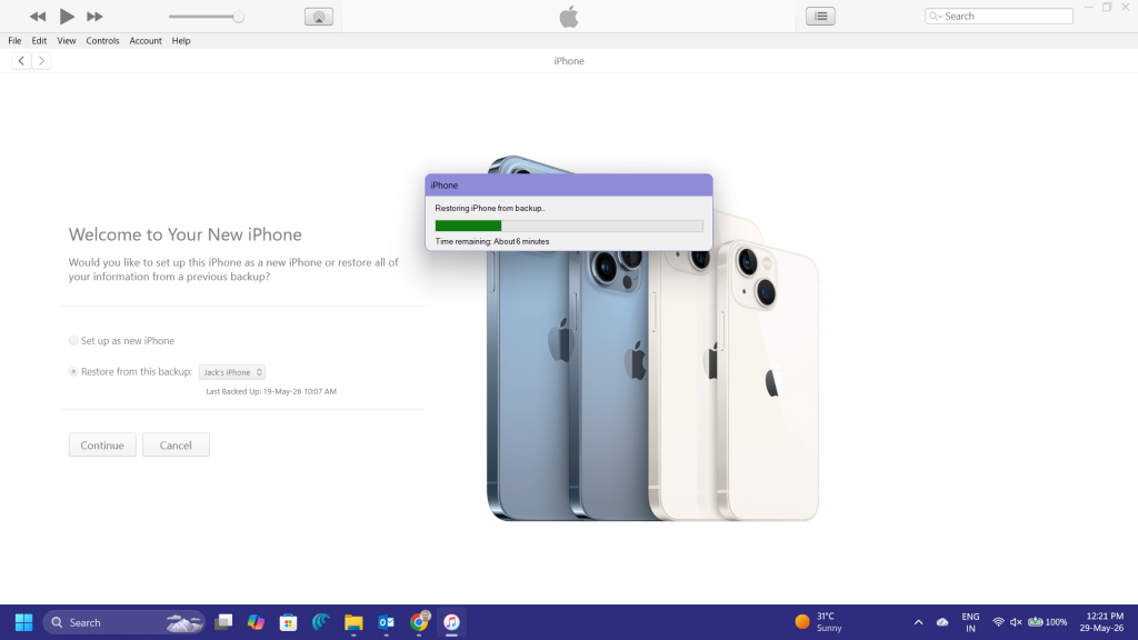 iTunes backup restore progress