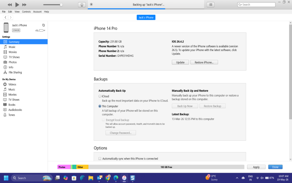 Create iPhone backup via iTunes