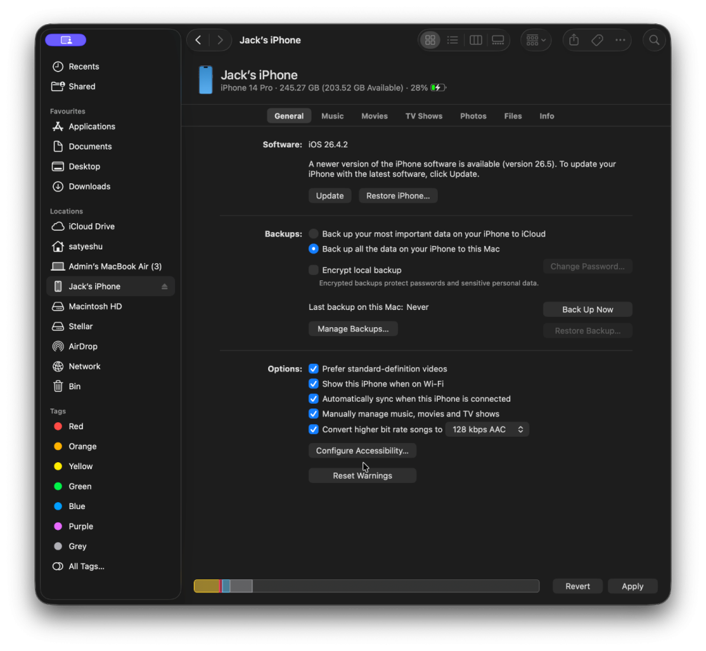 Create iPhone Backup Via Finder