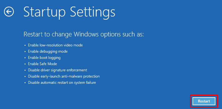 Startup Settings Window