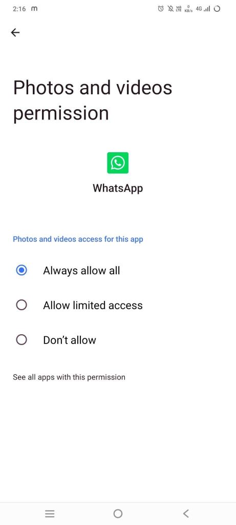 Permissions menu in WhatsApp