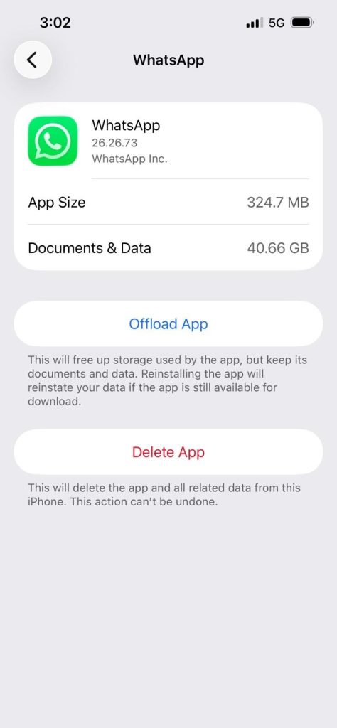 Offload WhatsApp App in iPhone