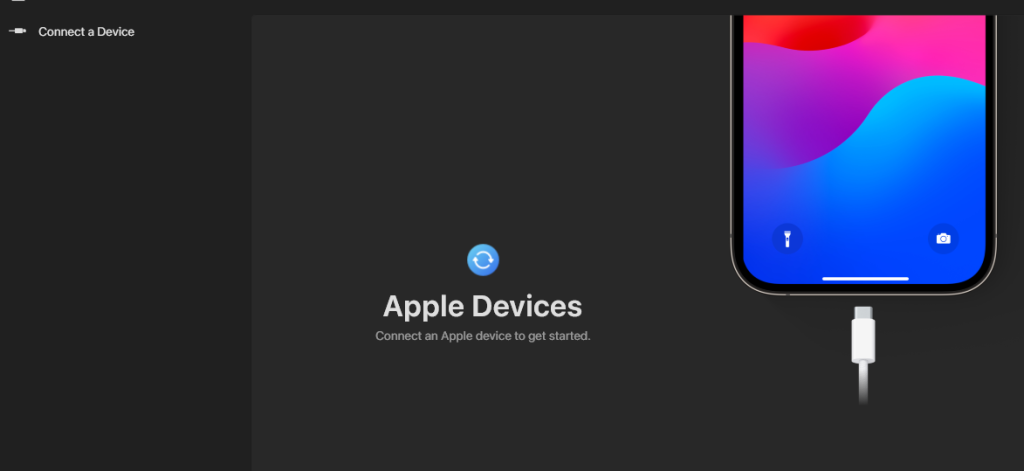 Connect device screen in Apple devices software