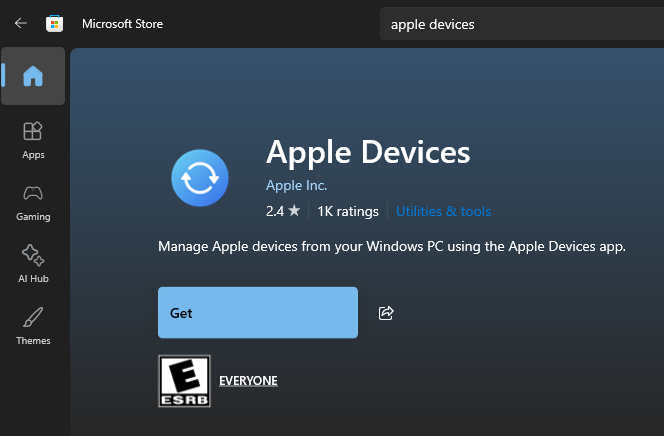 Apple devices application in Windows