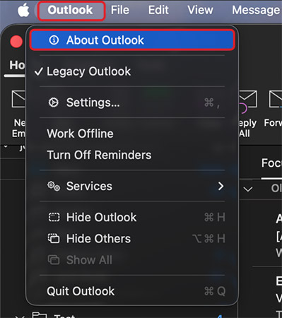 click on about outlook in outlook for mac