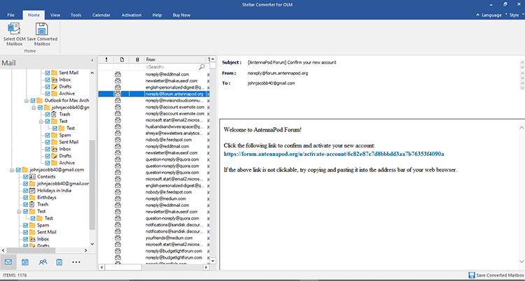 preview mailbox items of the scanned OLM file