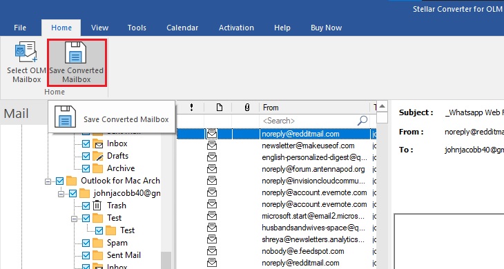 Save converted olm file to pst