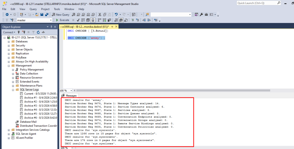 DBCC CHECKDB command in SSMS in VM ware
