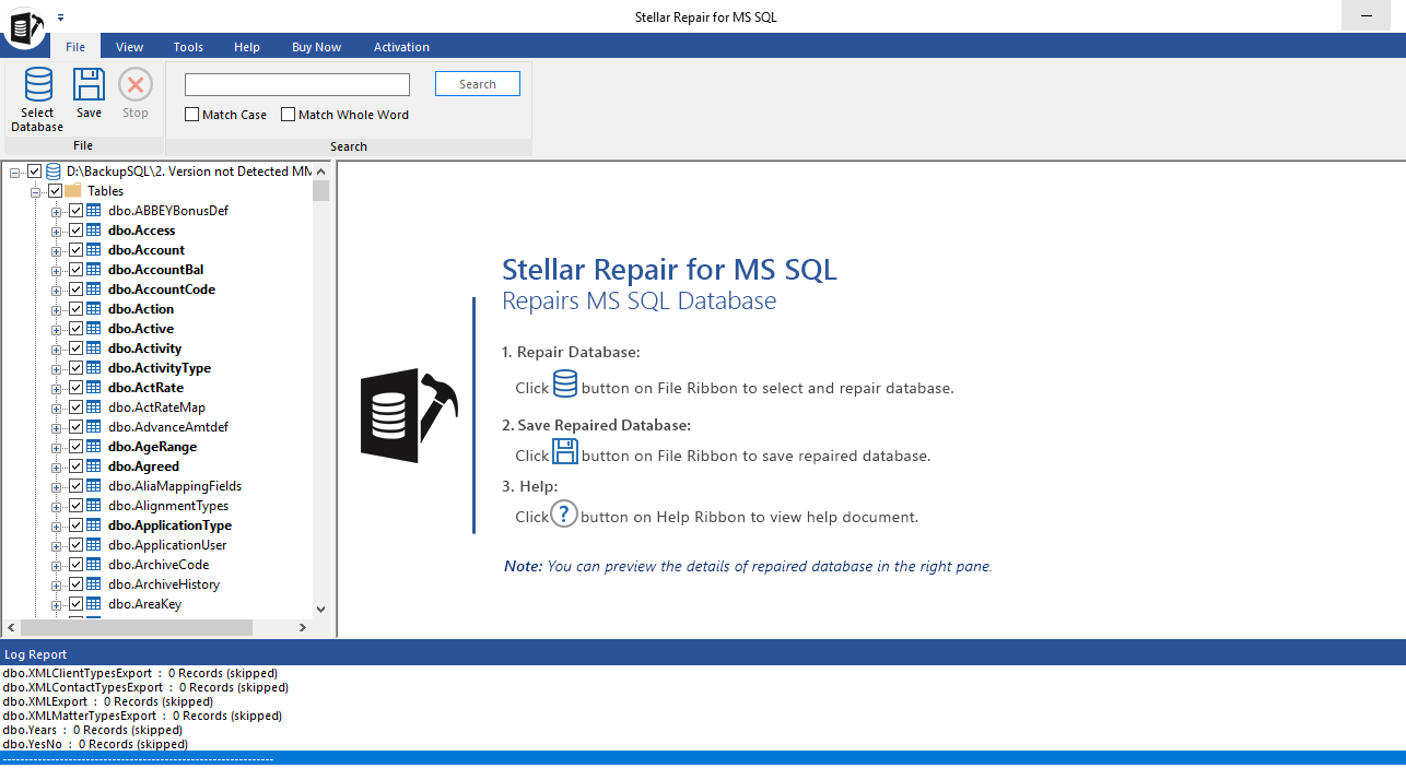 Stellar Repair for MSSQL displaying repaired objects