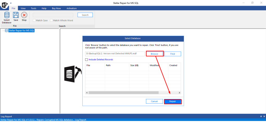Browse option in Stellar Repair for MSSQL to select corrupt SQL database file