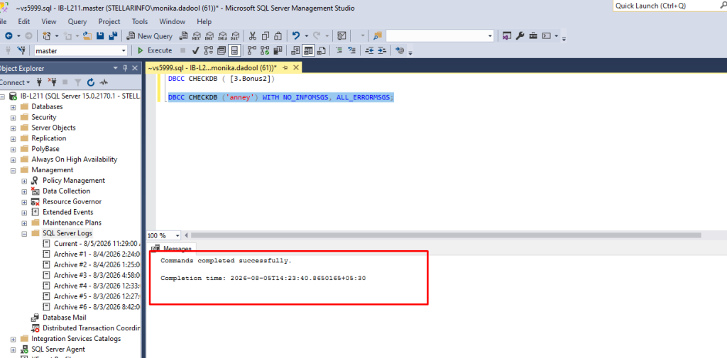 DBCC CHECKDB command to prevent  Informational messages