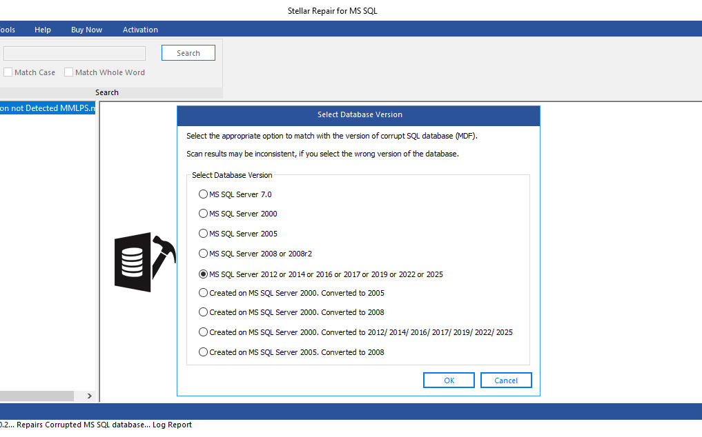 Select appropriate database version-in Stellar Repair for MSSQL