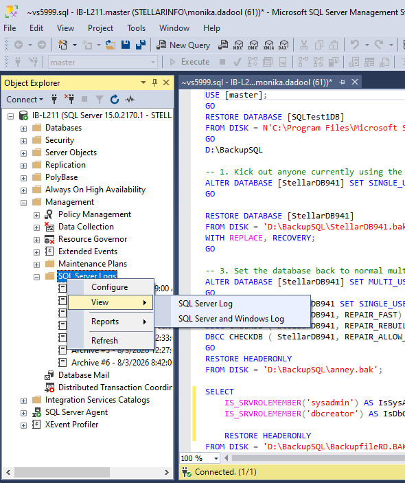 Click SQL Server log to check error logs
