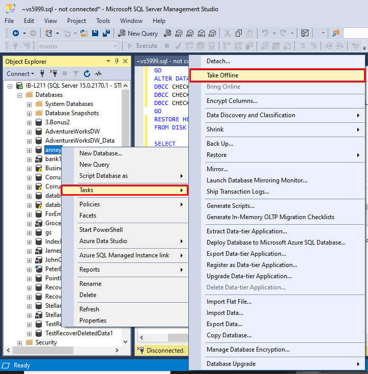 Take SQL database offline in SSMS