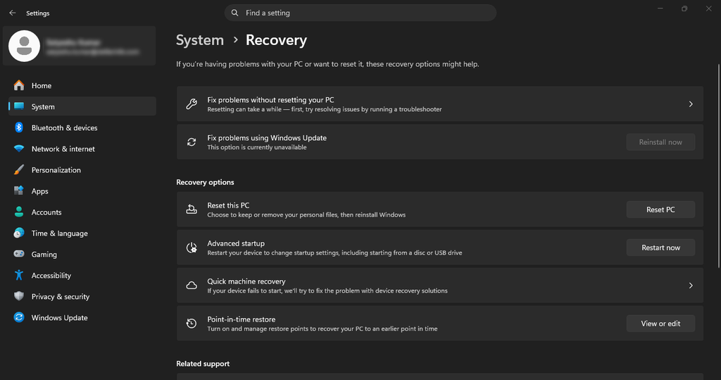 Point-in-time restore setting