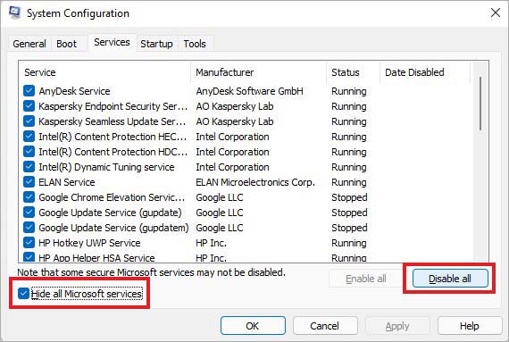 disable all third party services to clean boot windows PC